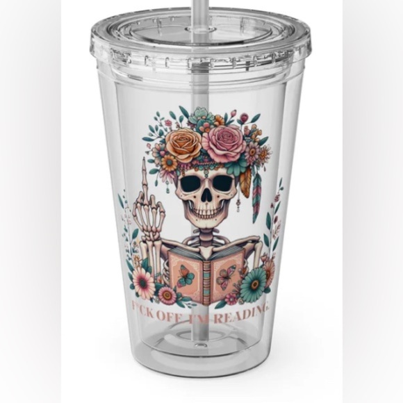 Floral Skull Design “F*ck Off I’m Reading” Tumbler with Straw - Picture 1 of 4